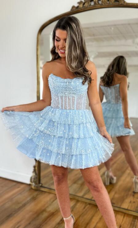 Strapless Ruffle Homecoming Dress with Sequin
