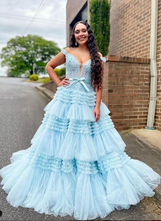 Off the Shoulder Ball Gown Prom Dress with Sheer Lace Corset Bodice and Ruffle Skirt