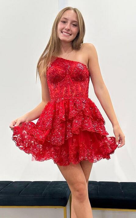 Tulle Sequin A-Line Homecoming dress with Sheer Corset Bodice and Ruffle Skirt DTH200