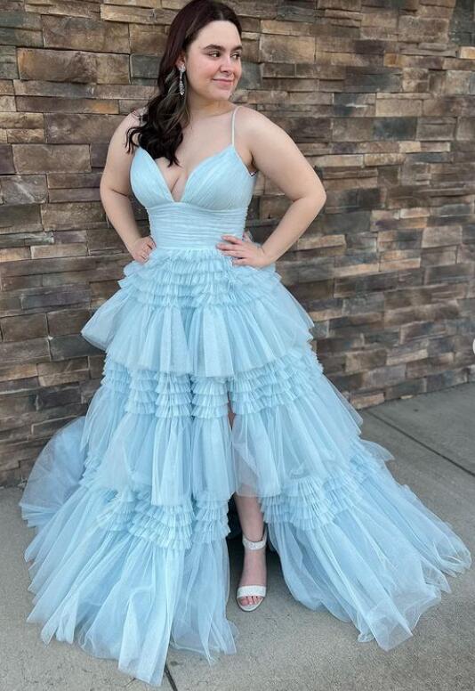 Straps Sparkly Tulle Long Prom Dress with Tiered Ruffle Skirt and Ruched Bodice