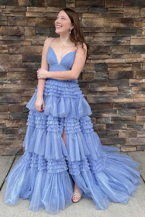 Straps Sparkly Tulle Long Prom Dress with Tiered Ruffle Skirt and Ruched Bodice