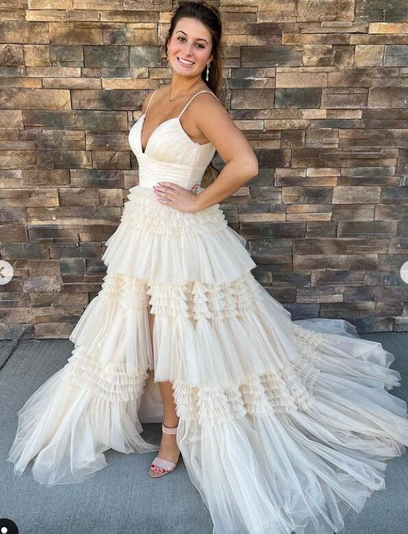 Straps Sparkly Tulle Long Prom Dress with Tiered Ruffle Skirt and Ruched Bodice