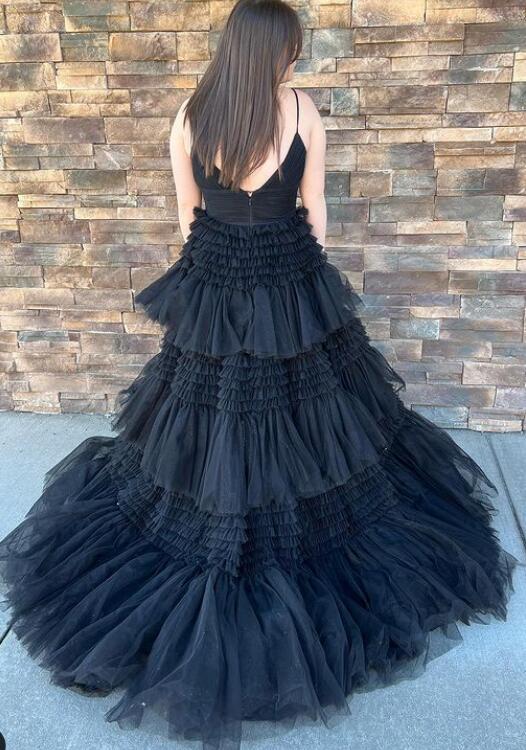 Straps Sparkly Tulle Long Prom Dress with Tiered Ruffle Skirt and Ruched Bodice