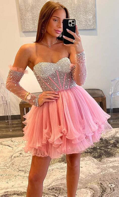 Strapless Homecoming Dress with Pleated Organza Ruffle Skirt and Removable Pearl Sleeves