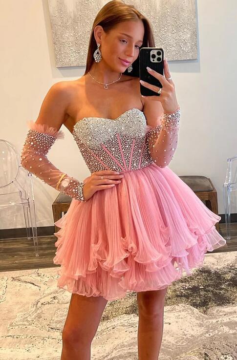 Strapless Homecoming Dress with Pleated Organza Ruffle Skirt and Remov