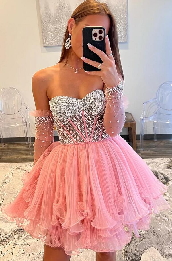 Strapless Homecoming Dress with Pleated Organza Ruffle Skirt and Removable Pearl Sleeves