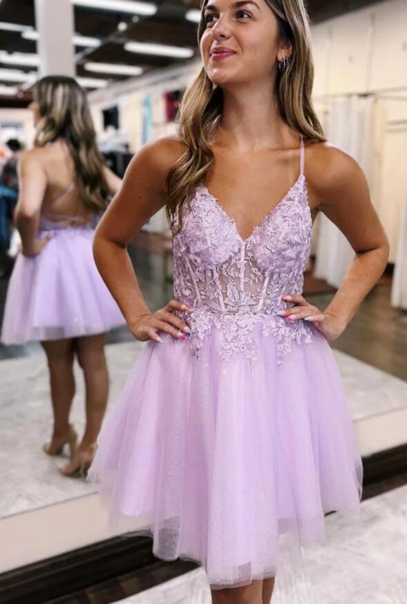 V-neck A-line Homecoming Dress with Lace-up Back DTH239