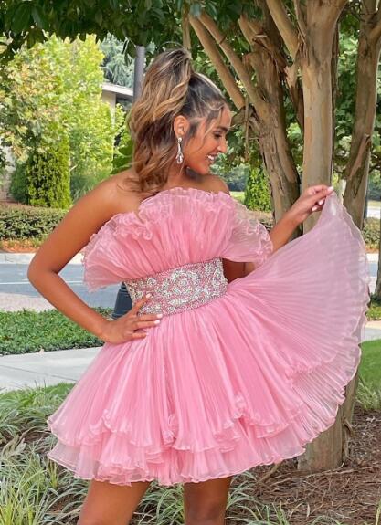 Organza Pleated Homecoming Dress with Ruffle Tiered Skirt and Beaded on Waistline