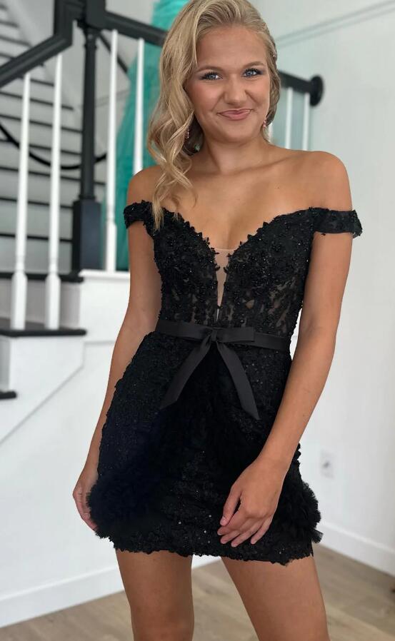 Off the Shoulder Black Lace Homecoming Dress with Ruffled Hem