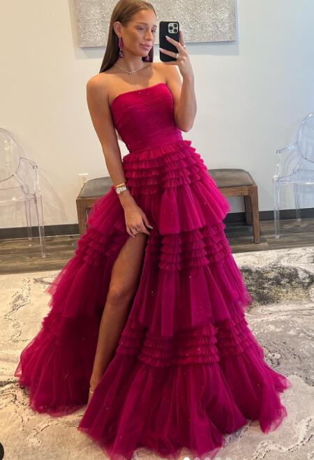 Strapless Tulle Ball Gown Long Prom Dress with Ruffle Skirt Slit