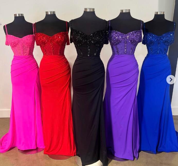 Straps Sexy Prom Dresses Long with Beading Bodice and Slit