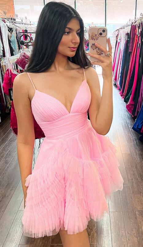 Short Ruffle Tulle Homecoming Dress with Spaghetti Straps