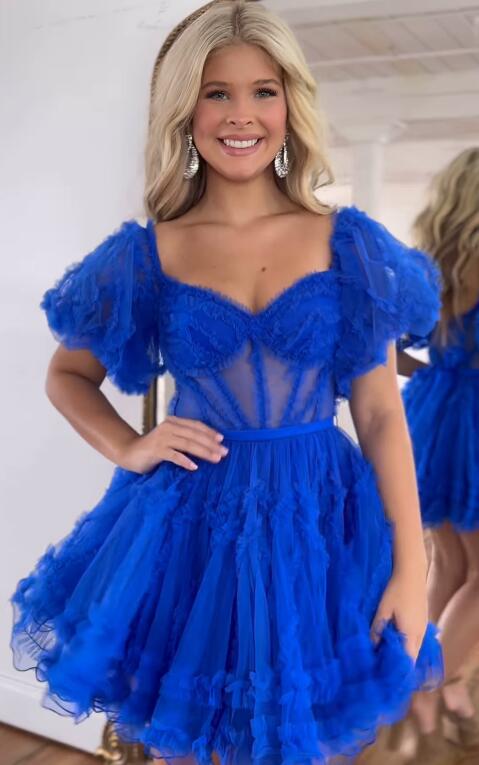 Royal Blue Tulle Ruffles A-line Homecoming Dress with ballon sleeves