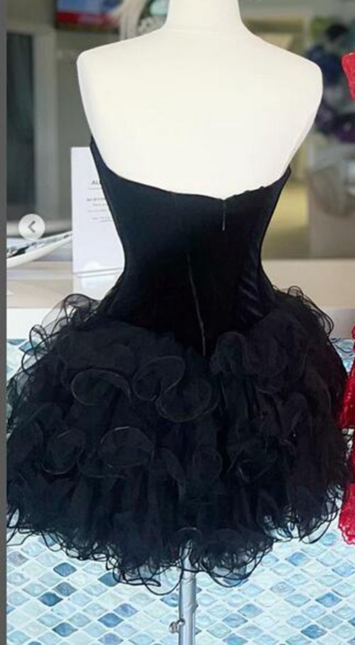 Strapless Homecoming Dress with Velvet Corset Top and Ruffled Organza Skirt