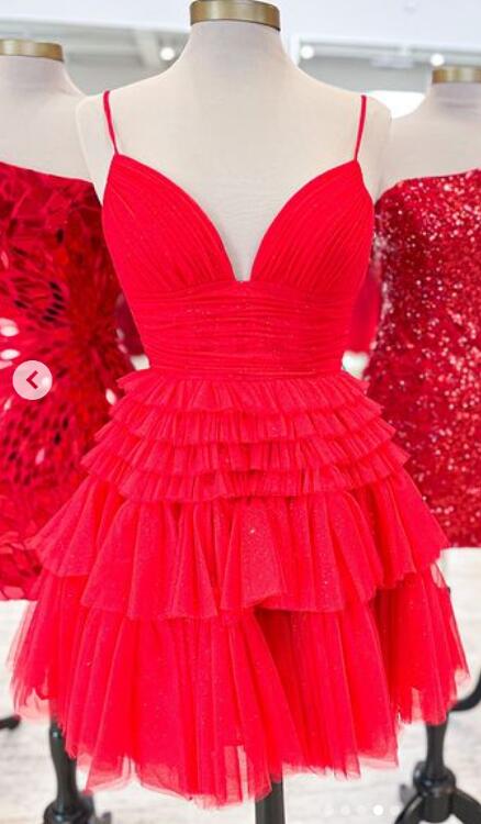 Straps V-neck Sparkly Tulle Homecoming Dress with Tiered Ruffle Skirt and Ruched Bodice