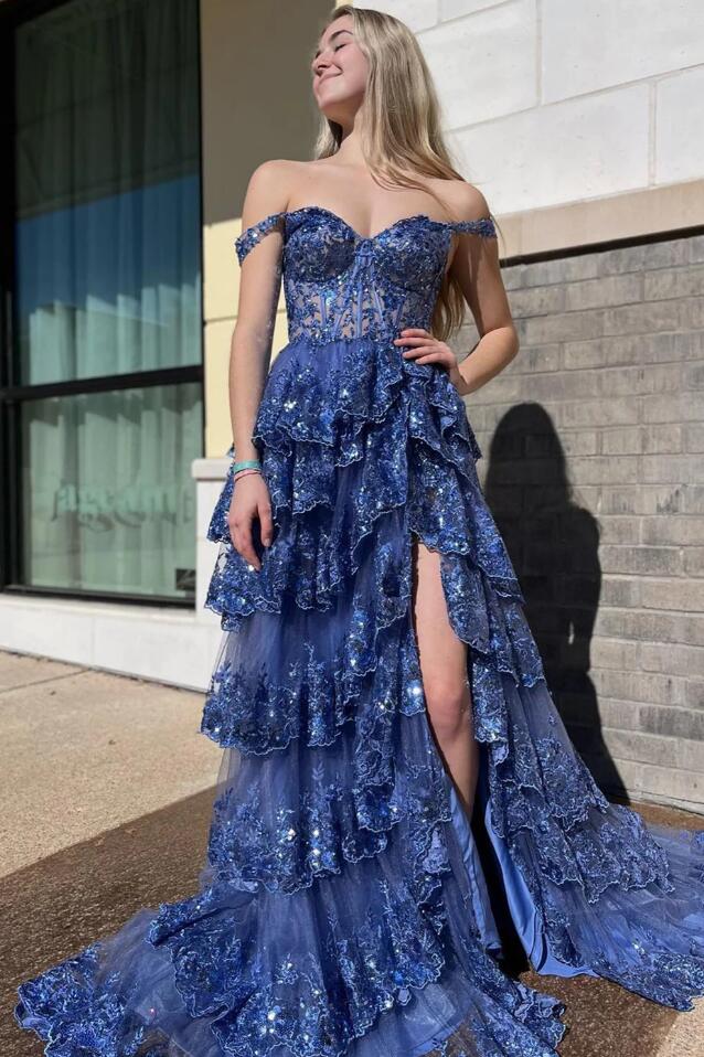 Hot Navy Blue Tulle Sequin Prom Dress Short Sheer Corset Bodice