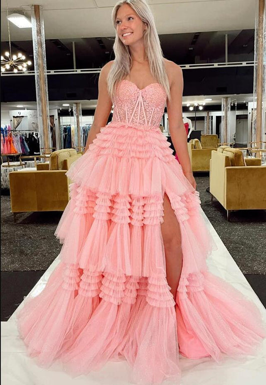 Strapless Ball Gown Prom Dress with Sheer Lace Corset Bodice and Ruffle Skirt