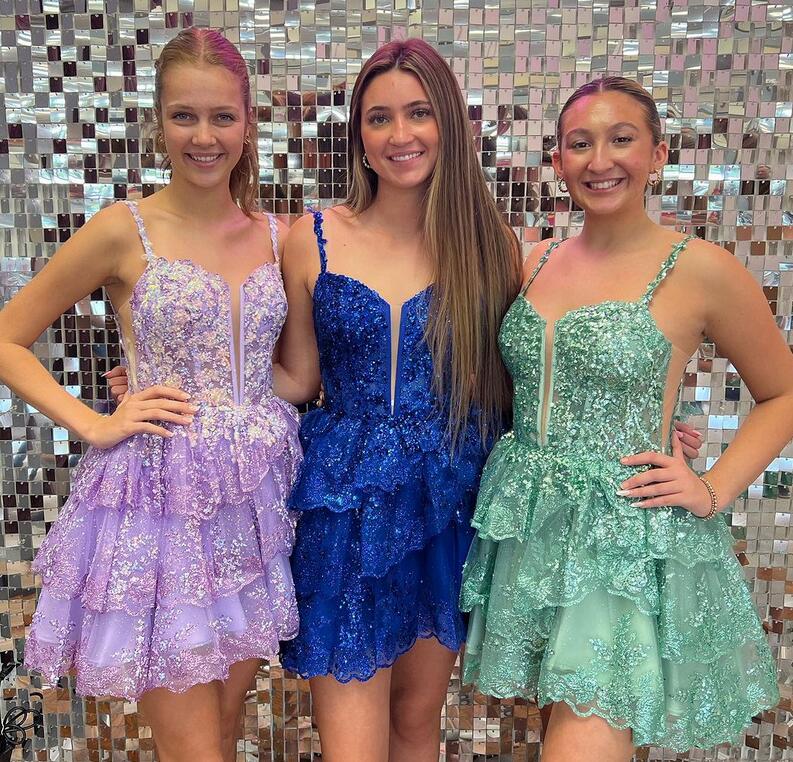 Black Tulle Sequin Ruffle Tiered Short Homecoming Dress