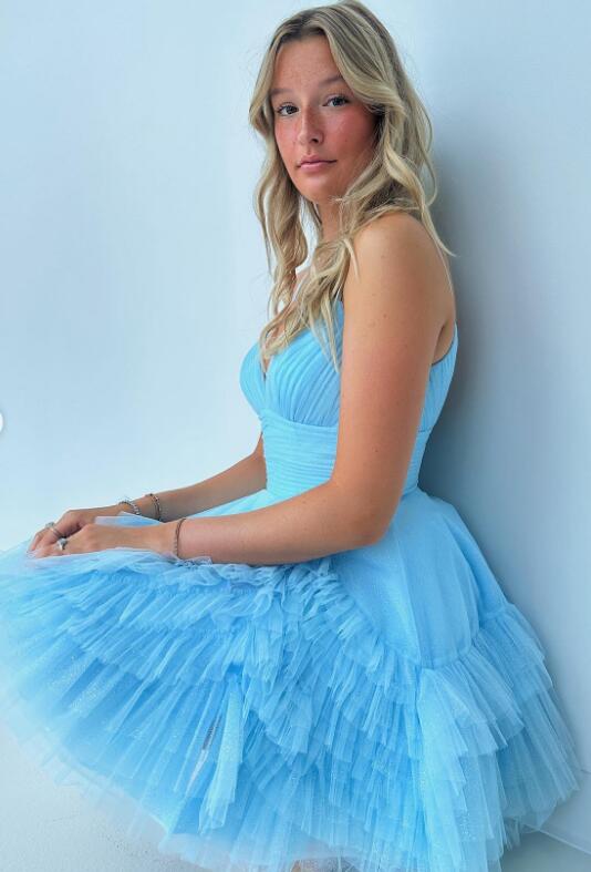 Short Ruffle Tulle Homecoming Dress with Spaghetti Straps