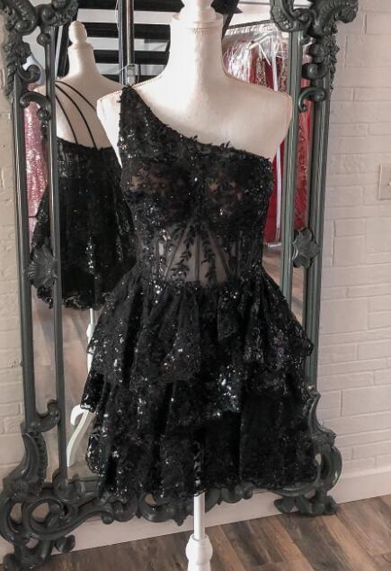 One Shoulder Homecoming Dress with Sheer Corset Bodice and Ruffled Skirt