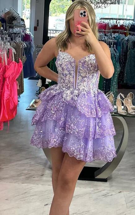 Straps Tulle Sequin A-Line Homecoming dress with Ruffle Skirt