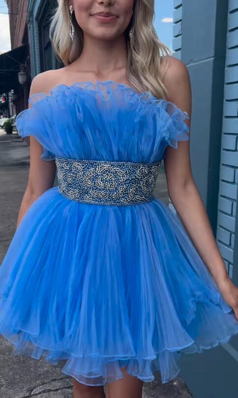 Strapless Organza Pleated Homecoming Dress, Short Prom Dress UQH0211