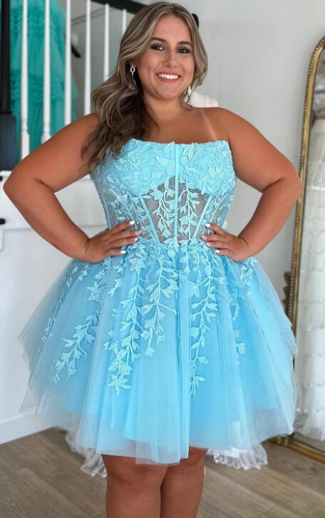 Strapless Leaf Lace Homecoming Dress with Sheer Corset Bodice