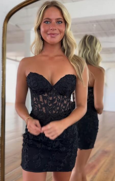 Strapless Leaf Lace Fitted Homecoming Dress with Sheer Corset Bodice DressesTailor Strapless Leaf Lace Fitted Homecoming Dress with Sheer Corset Bodice DressesTailor