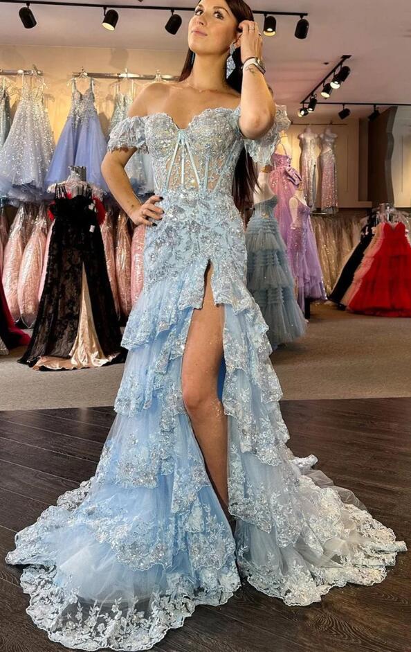 Tulle Sequin Mermaid Prom Dress with Sheer Corset Bodice and Ruffle Skirt