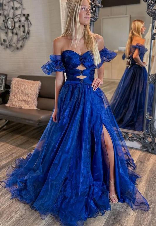 Royal Blue Strapless Long Prom Dress with Key Holes and Slit