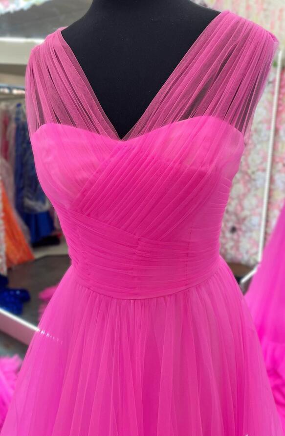 V-neck Tulle Long Prom Dress with Ruffle Skirt