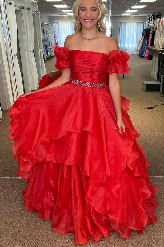 Red Long Prom Dress with Layers Skirt and Off the Shoulder Sleeves