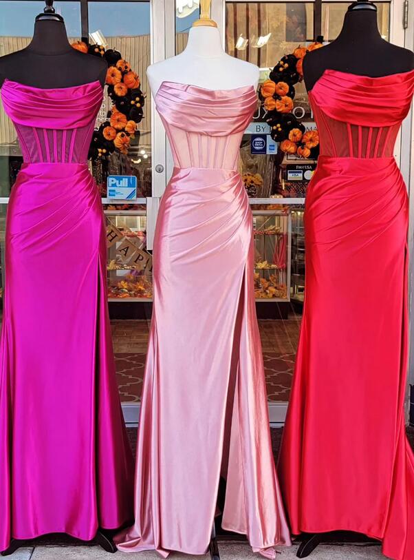 Strapless Satin Long Prom Dress with Sheer Corset Bodice and Slit