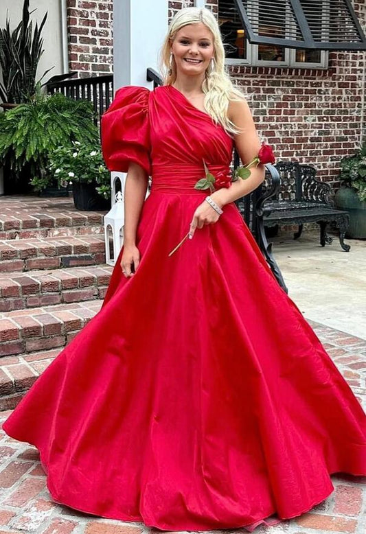 Red One Shoulder Satin Long Prom Dress with Puff Sleeve