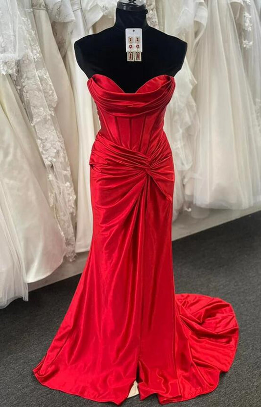 Red Strapless Pleated Mermaid Twist Knot Long Prom Dress with Slit
