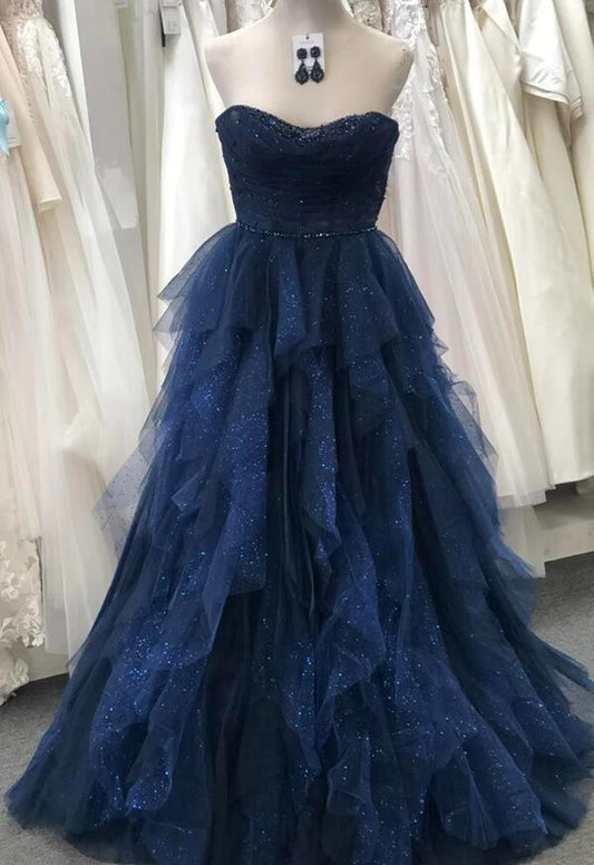 Strapless Sparkly Navy Blue Ruffle Layers Tulle Long Prom Dress