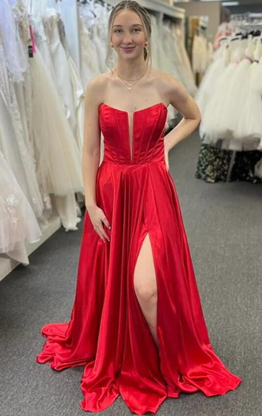 Strapless Red A-line Long Prom Dress with Slit and Bow