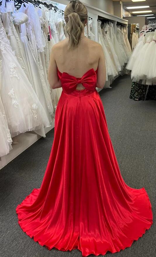 Strapless Red A-line Long Prom Dress with Slit and Bow