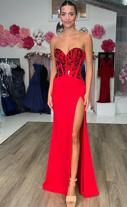 Strapless Mermaid Sequins Long Prom Dress with Slit
