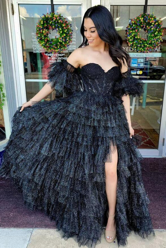 Black Long Prom Dress with Multi-Layers Skirt and Off-the-Shoulder Sleeves