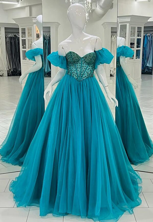 Long Prom Dress with Beaded Top and Off-the-Shoulder Sleeves