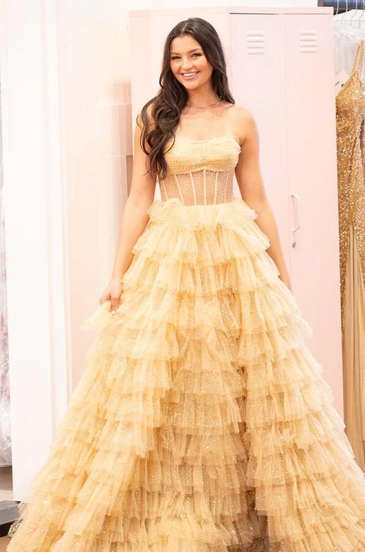 Strapless Sequins Tulle Long Prom Dress with Sheer Corset Bodice and Ruffle Skirt