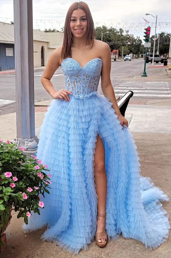 Strapless Tulle Long Prom Dress with Sheer Corset Bodice and Ruffle Skirt
