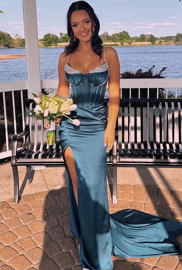 Straps Mermaid Long Prom Dress with Beading and Slit