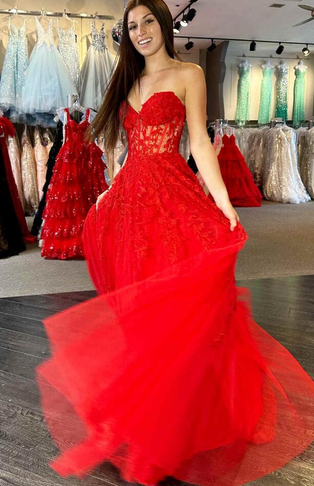 Strapless Leaf Lace Long Prom Dress with Sherr Corset Bodice