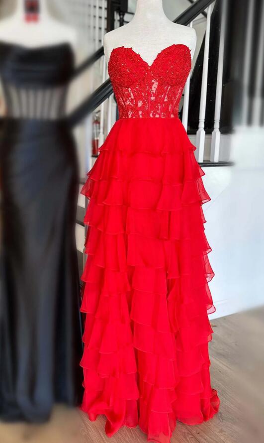 Red Chiffon Long Prom Dress with Lace Corset Bodice and Ruffle Skirt
