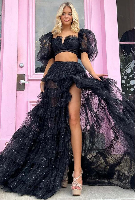 Black Two Pieces Long Prom Dress with Balloon Sleeves and Ruffle Skirt
