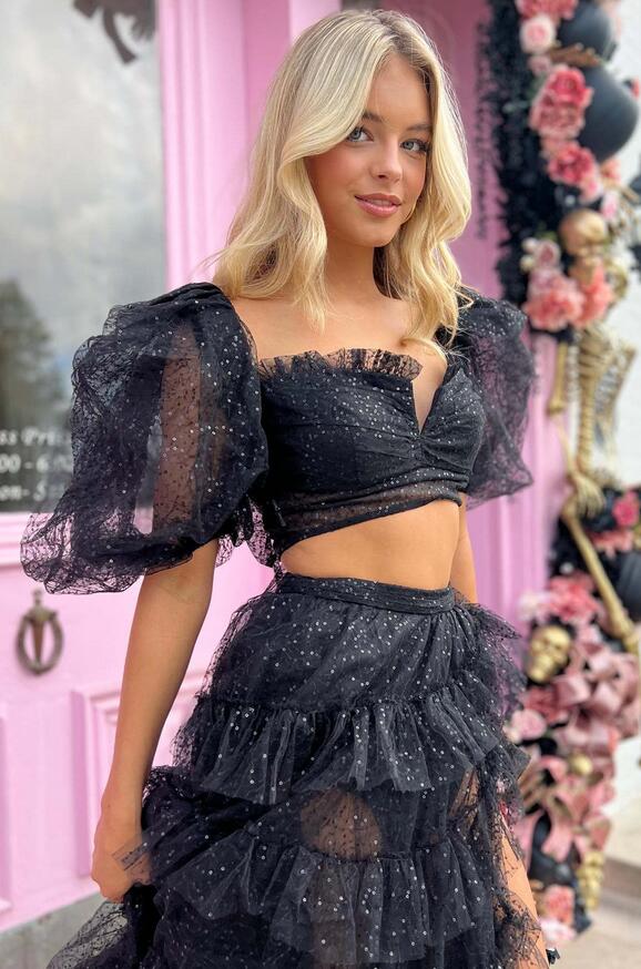 Black Two Pieces Long Prom Dress with Balloon Sleeves and Ruffle Skirt