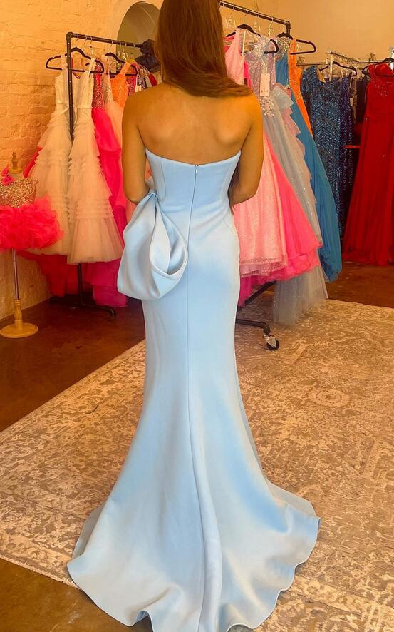 Strapless Light Blue Long Prom Dress with Bow and Slit