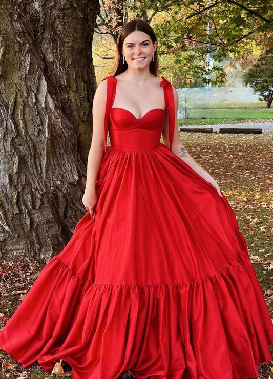 Tie Straps Red A-Line Long Prom Dress